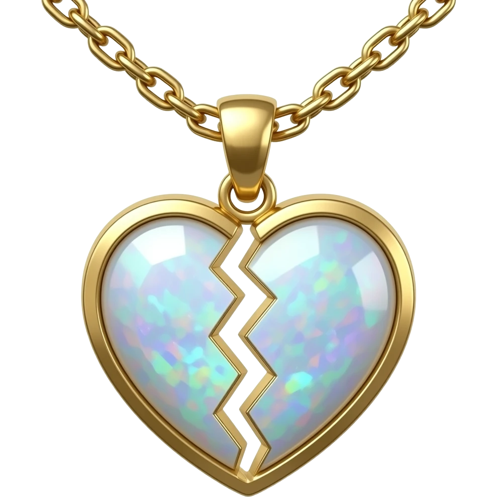 Hyperrealism, 4d rendering isolated crystal opal iridescent broken heart shaped charm, 10k sparkling Gold rope chain necklace emoji
