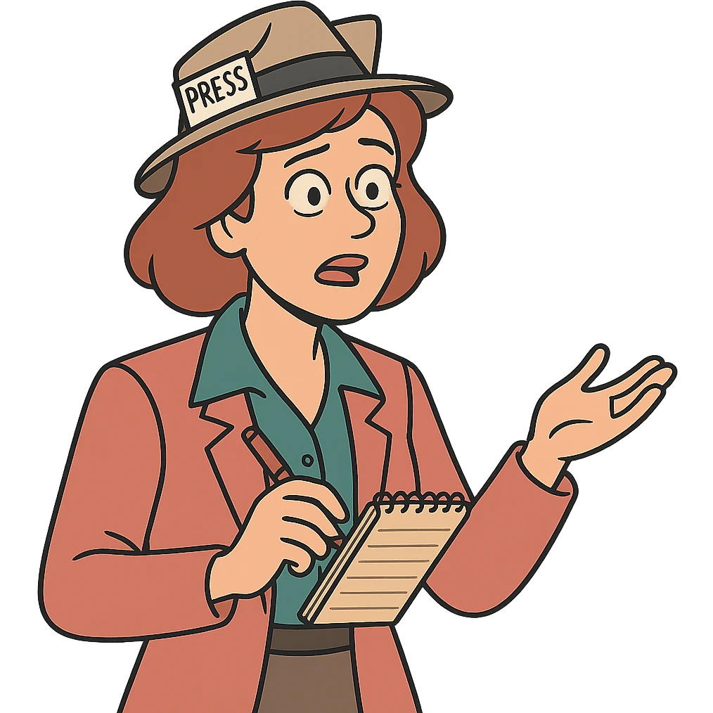 A 1980s female newspaper journalist holding a note book and pen looking like they are asking a question emoji