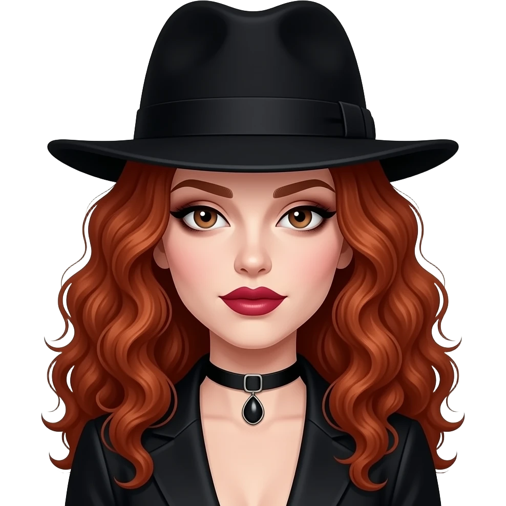 goth in curly red hairs vibrant mehroon lispstick wear a hat emoji