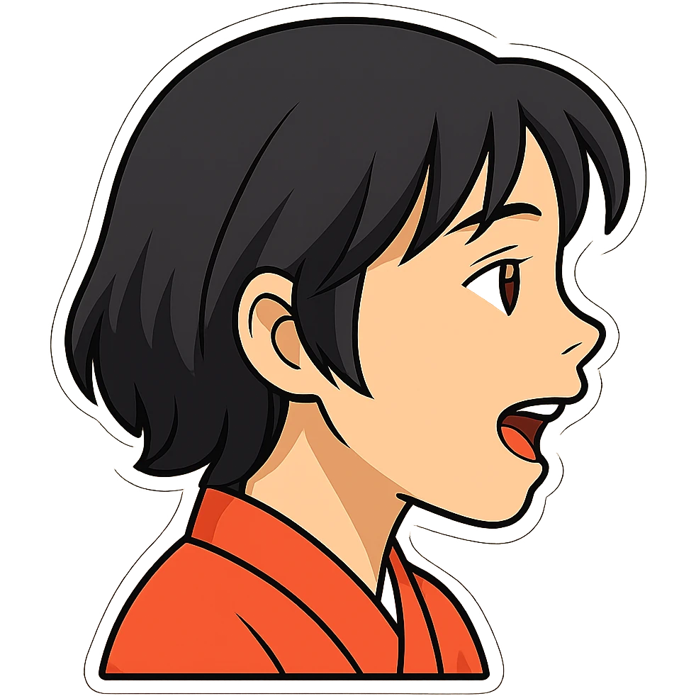 Asian girl profile, right side, talking, with a different hairstyle, in the style of sticker, no background emoji