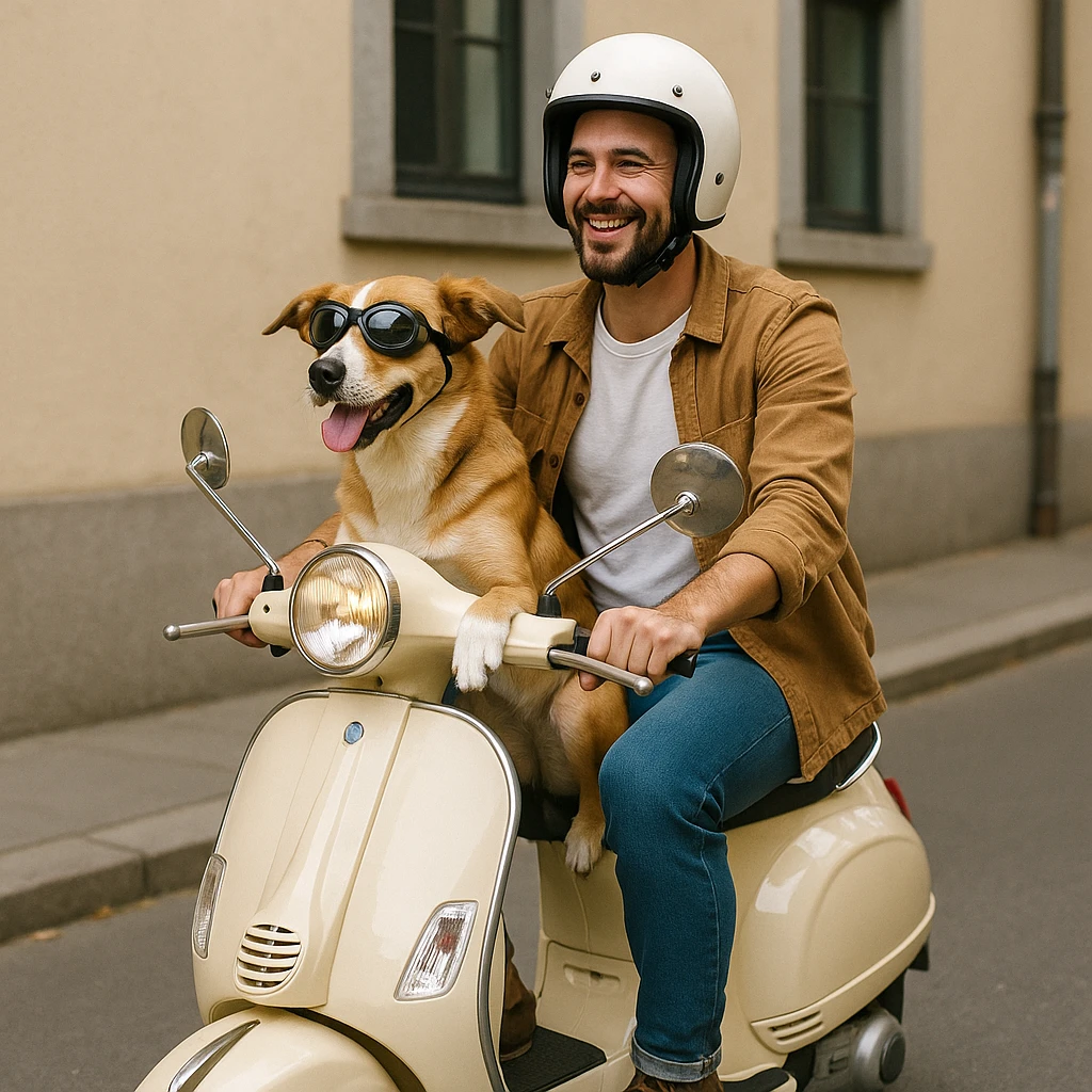 man and his pet dog riding a vespa emoji