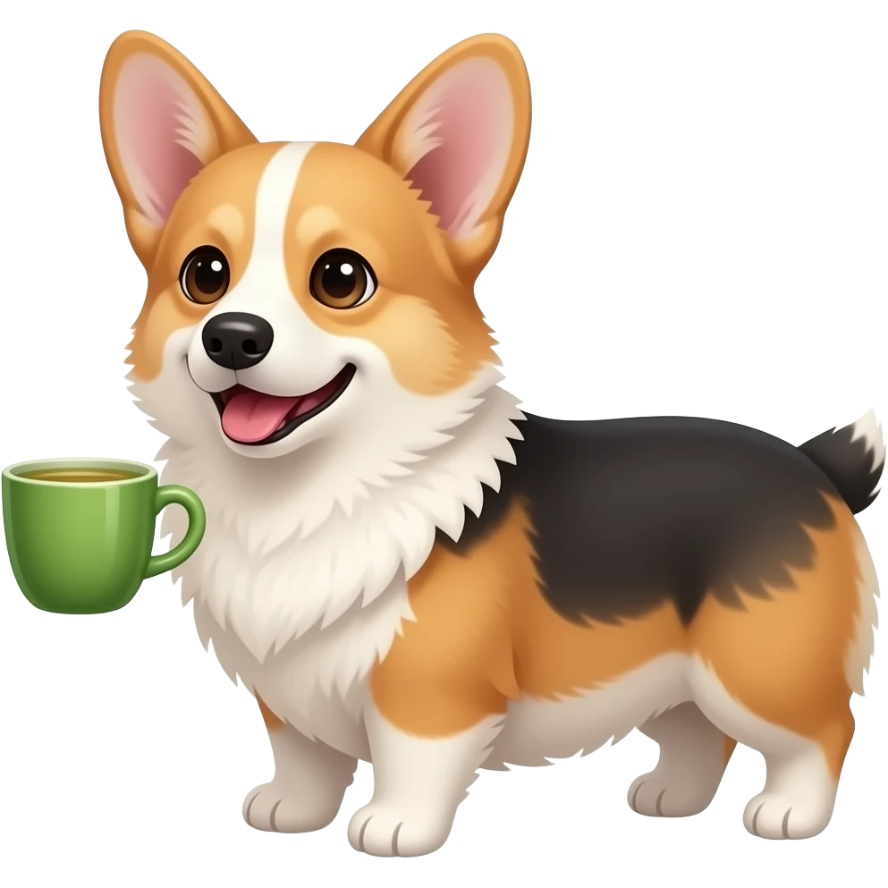 tricolor corgi with green tea emoji