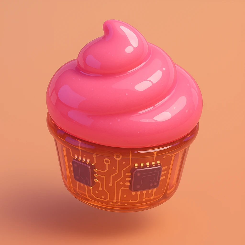 3D style cupcake with pink icing, glossy and playful emoji