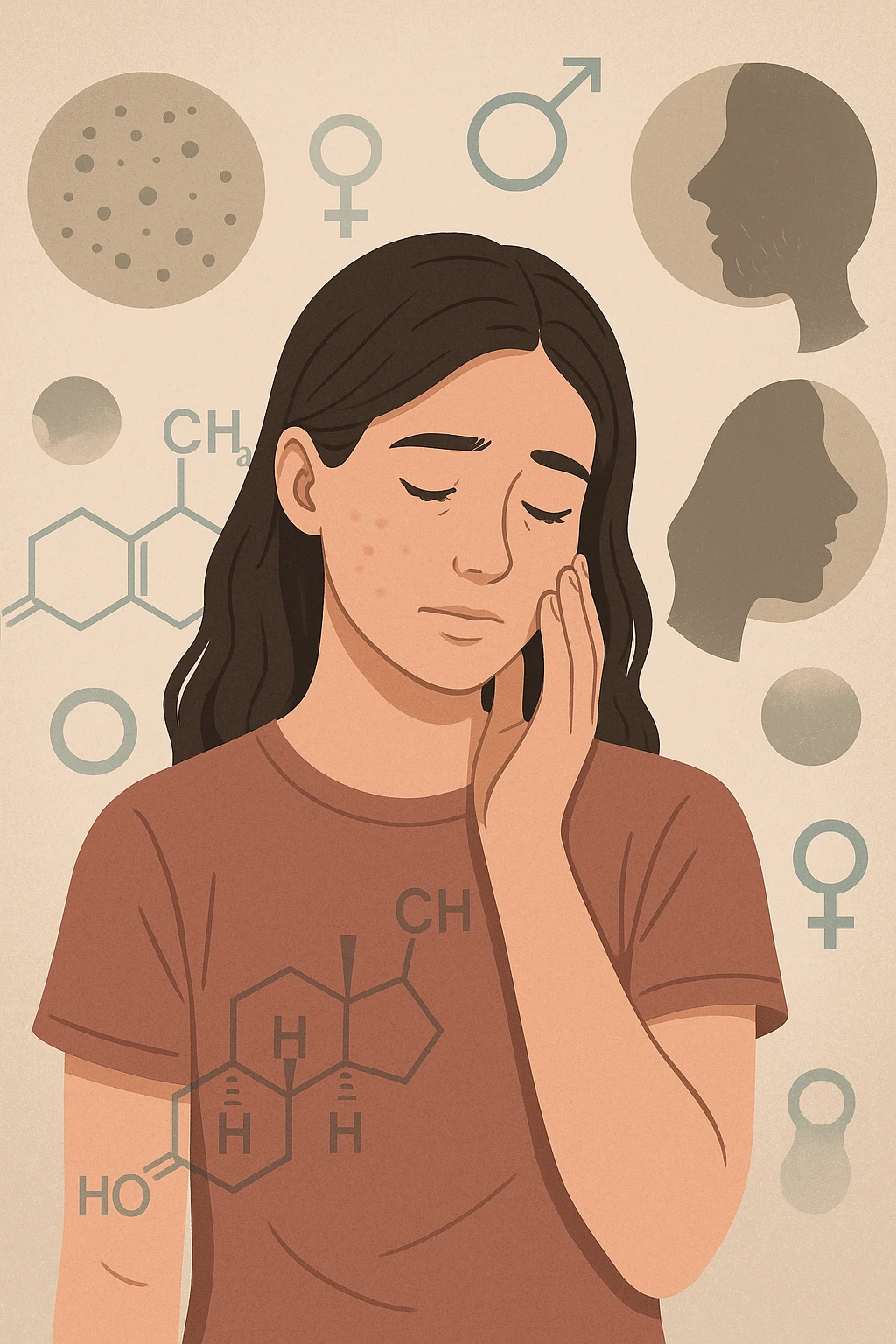 A young woman is surrounded by faint overlays of hormonal symbols and androgen molecules, with shadowy images of acne, facial hair, and oily skin projected around her, symbolizing the symptoms of PCOS with androgen excess. She looks down, gently touching her face with a resigned but hopeful expression, symbolizing her journey toward managing these symptoms. in italiano emoji