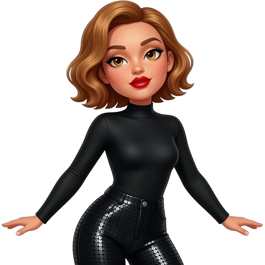 glamours,-tanned,-very-beautiful-woman-with-big-plump-red-lips,-long-long-lashes,-honey-silky-very short- hair,-wavy-hair,-hazel-eyes- wearing-black-Long-sleeved-bodysuit-and-black-sequinned-pants-eye-half-closed-with-pupils-up-&-mouth-closed-throwing head back-waist-up emoji
