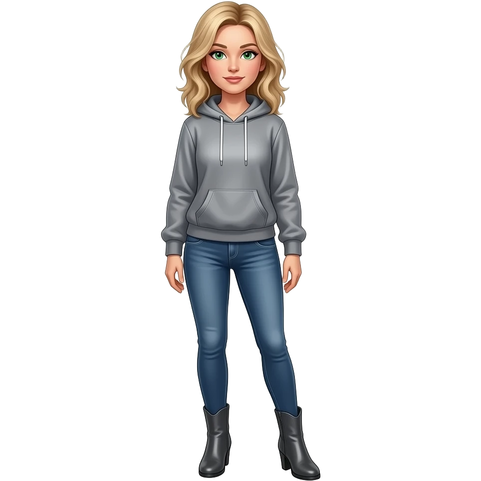 girl in her 30s, dirty blonde hair, messy, green eyes, gunmetal grey hoodie, matching fitting jeans, charcoal ankle boots with heel emoji
