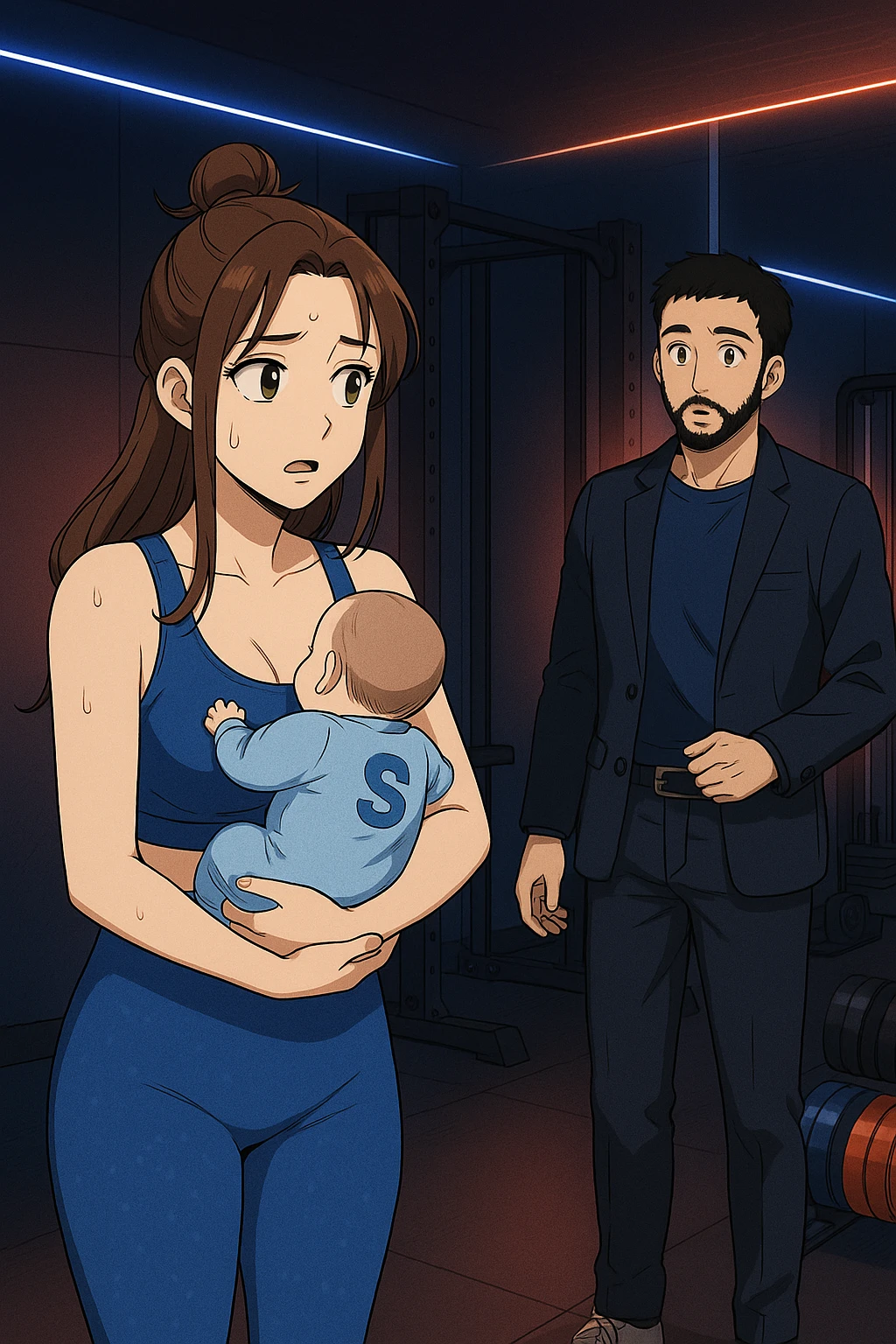 ispirati a questo stile di disegno e fai questa immagine in versione manga/webtoon a colori, il manga mostra la donna preoccupata con un neonato in braccio con una tutina azzurra e la scritta "S" sulla schiena, la donna gli sta facendo una domanda all'uomo, ma non fare i fumetti, fai come se stessero parlando emoji