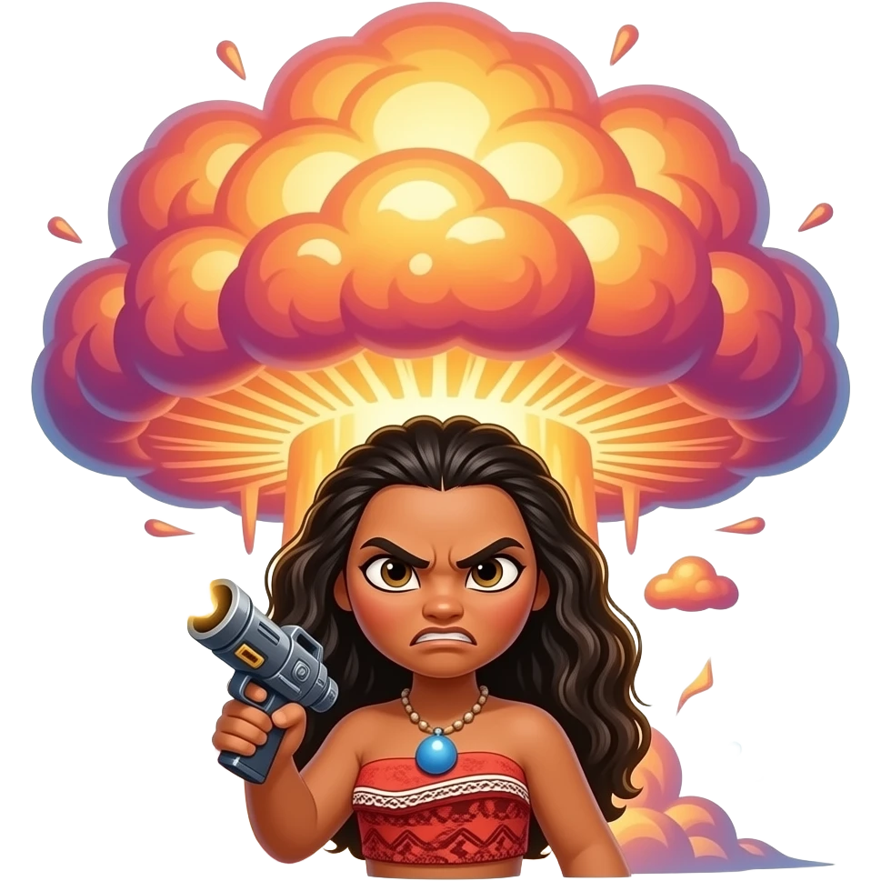 Angry teka from Moana, furious female face, Death Star laser cannon beam, giant explosion mushroom cloud, neon glow, dramatic lighting, emoji style, vibrant colors emoji