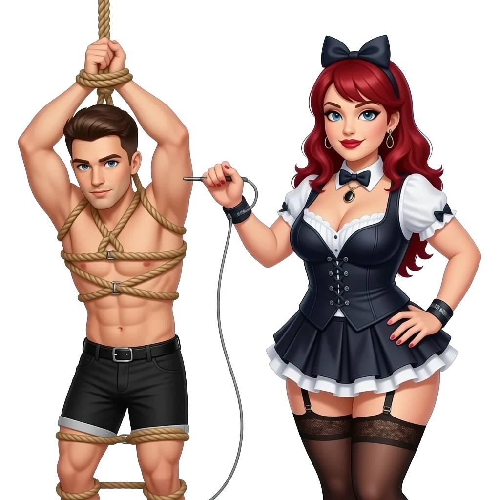 Guy tied up, restrained in sex, swing, plus size dominatrix, whipping and pegging, sissy emoji