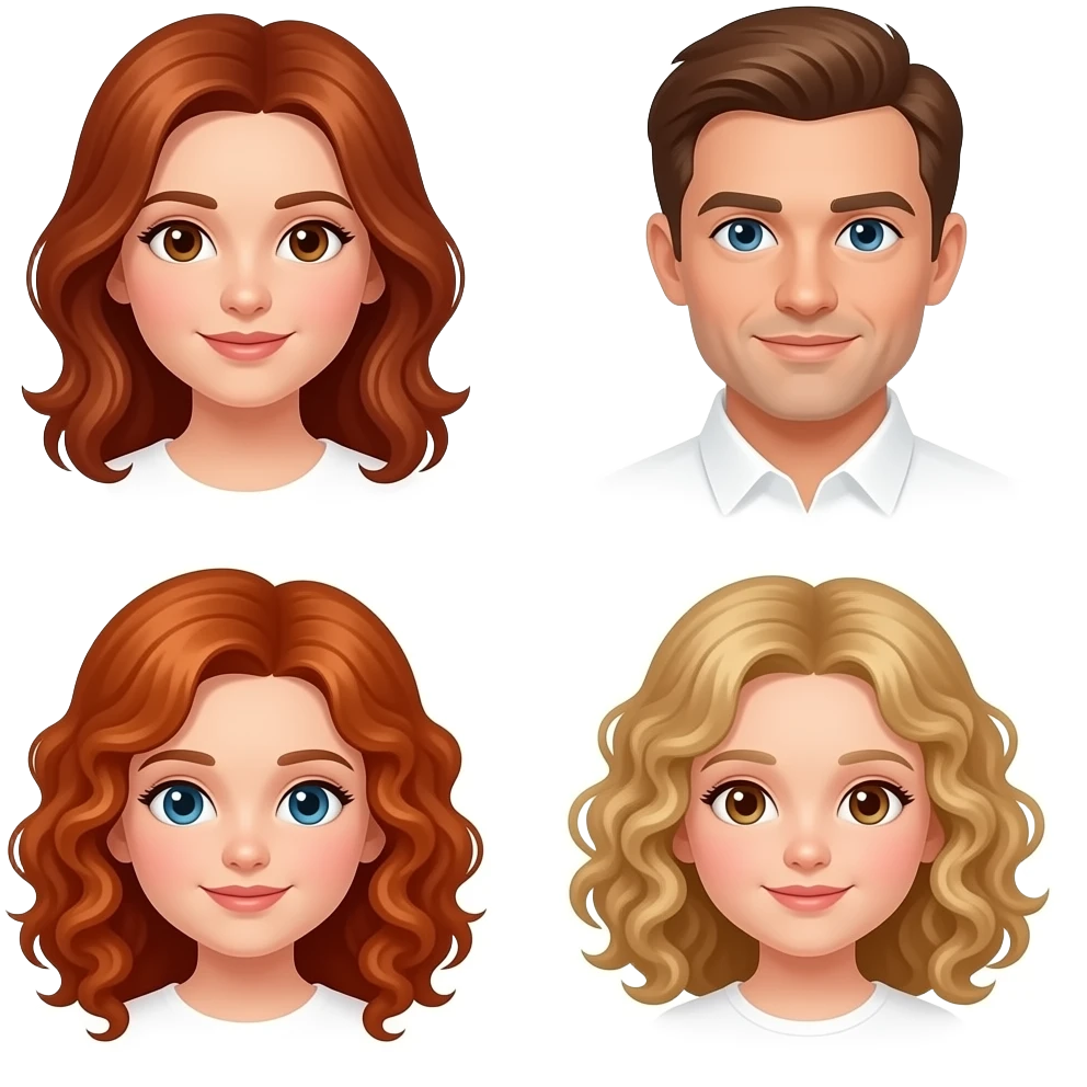 White Mom red-brown hair and brown eyes , brown hair Dad with blue eyes,  blonde really curly hair 8 year old girl with brown eyes,  a Red curly hair 12 year old Girl with blue eyes, and blonde curly hair 5 year 5 old girl emoji