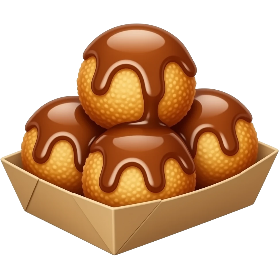 multiple fried mochi with brown sugar syrup on top  in cardboard tray emoji