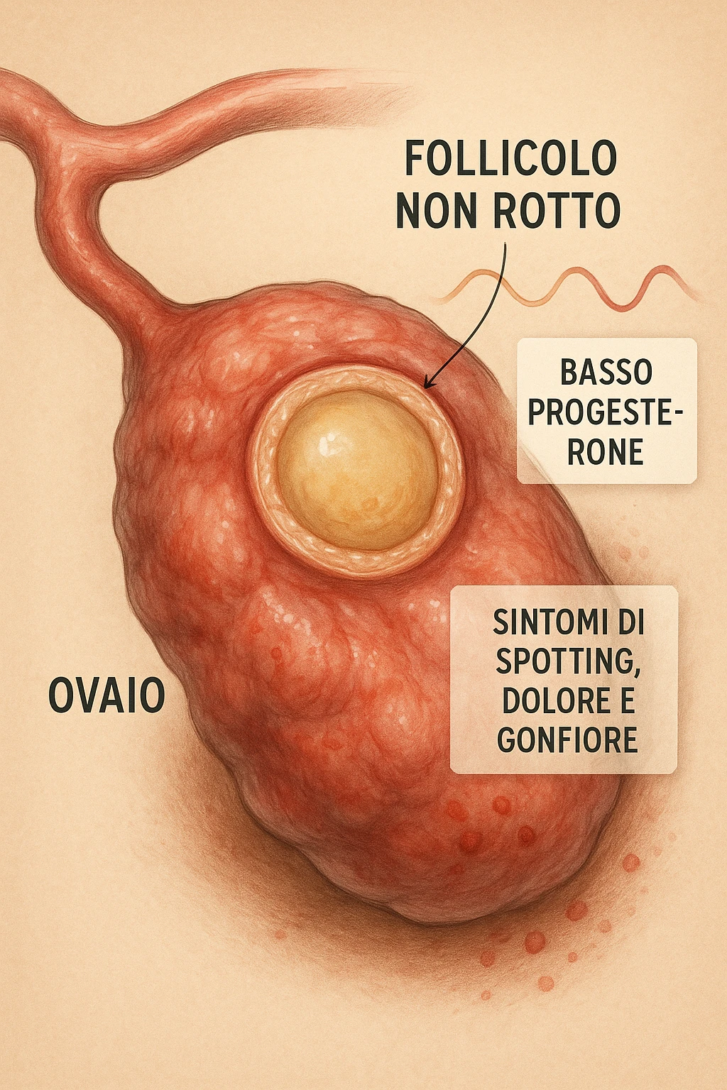 realistic and cinematic illustration of an ovary with an unruptured follicle, low progesterone, hormonal fluctuations, symptoms of spotting, pain and swelling, clinical details, captions in Italian emoji