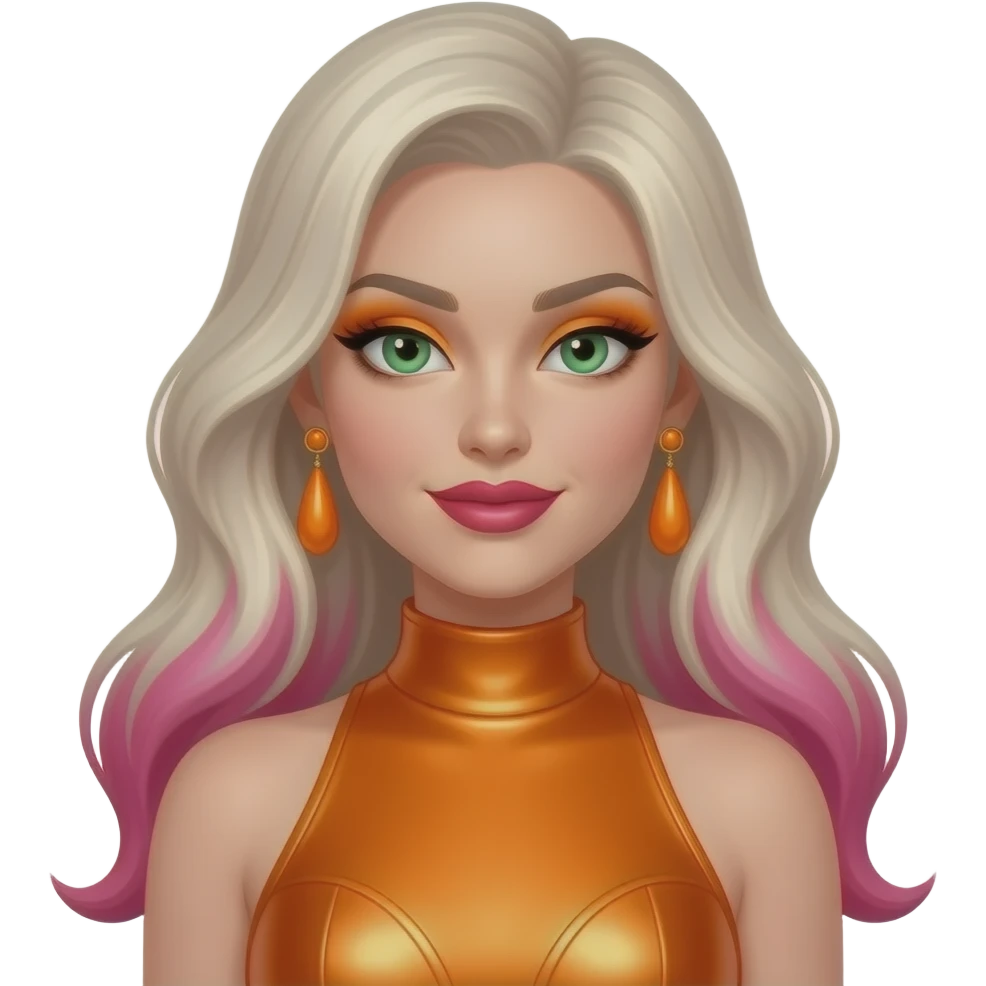 Miranda from Diva Starz with green eyes, long platinum blonde hair with pink highlights, orange eyeshadow, hot pink lipstick, orange metallic high neck dress, orange earrings emoji