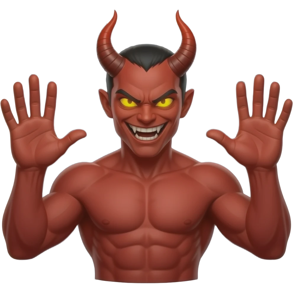 “Red devil, muscular torso, horns, glowing eyes, evil grin, both hands up palms forward fingers spread, symmetrical, dark background” emoji