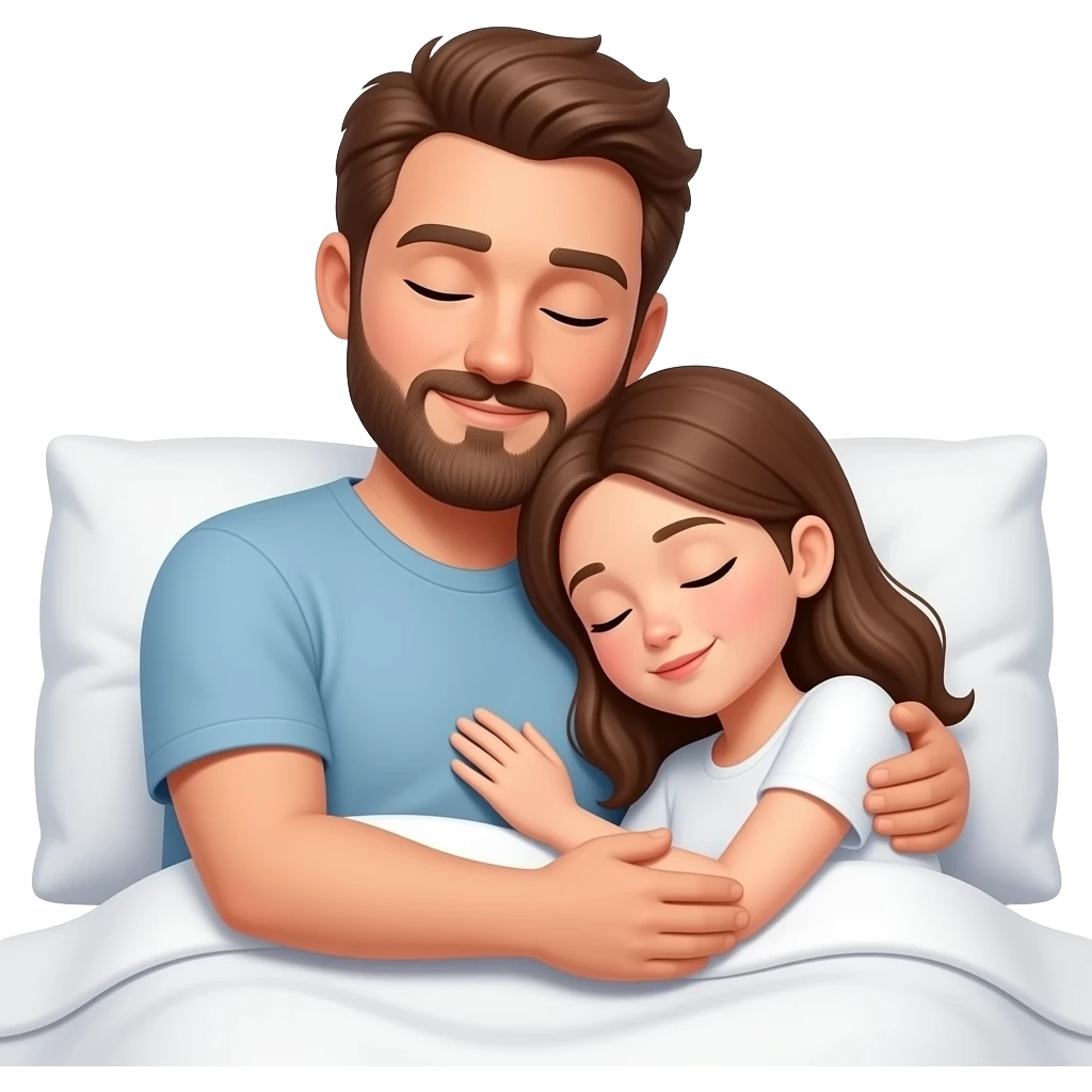 Realistic white man brown hair with beard hugging while sleeping in bed with white girl brown hair emoji