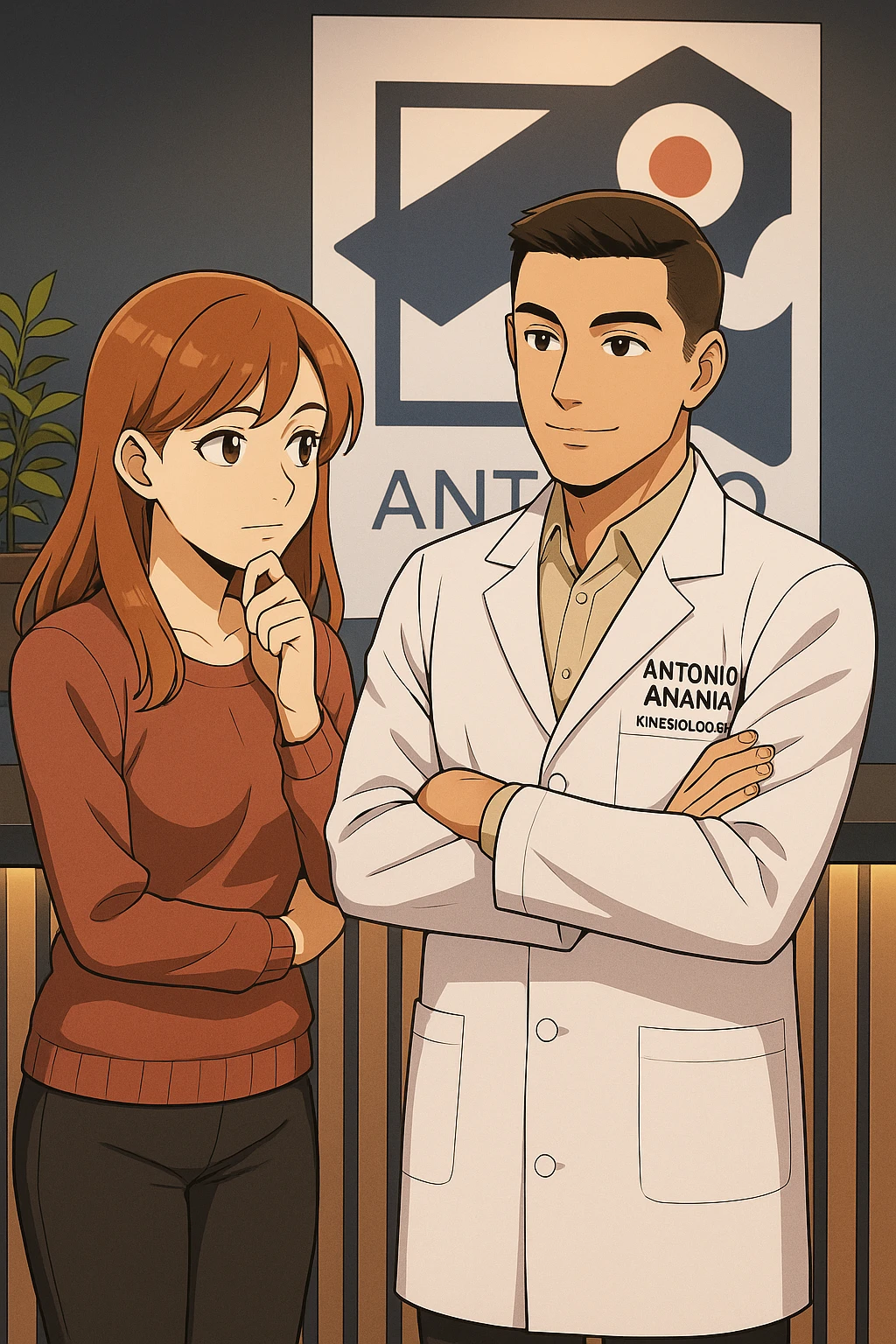 su questo stile fai un manga/webtoon a colori in cui una donna SI TOCCA IL MENTO CON L'INDICE MENTRE ASCOLTA PENSIEROSA L'UOMO, l'uomo della foto in stile manga LE SPIEGA CHE DEVE PROVARE LA SUA VALUTAZIONE MEDICA, mantieni un ambiente simile alla foto che ho allegato con il suo logo (sarebbe il suo studio, lui è un kinesiologo), scrivigli "ANTONIO ANANIA" sul camice bianco, non mettere fumetti, ma fai in modo che sembri che la donna ASCOLTI l'uomo emoji