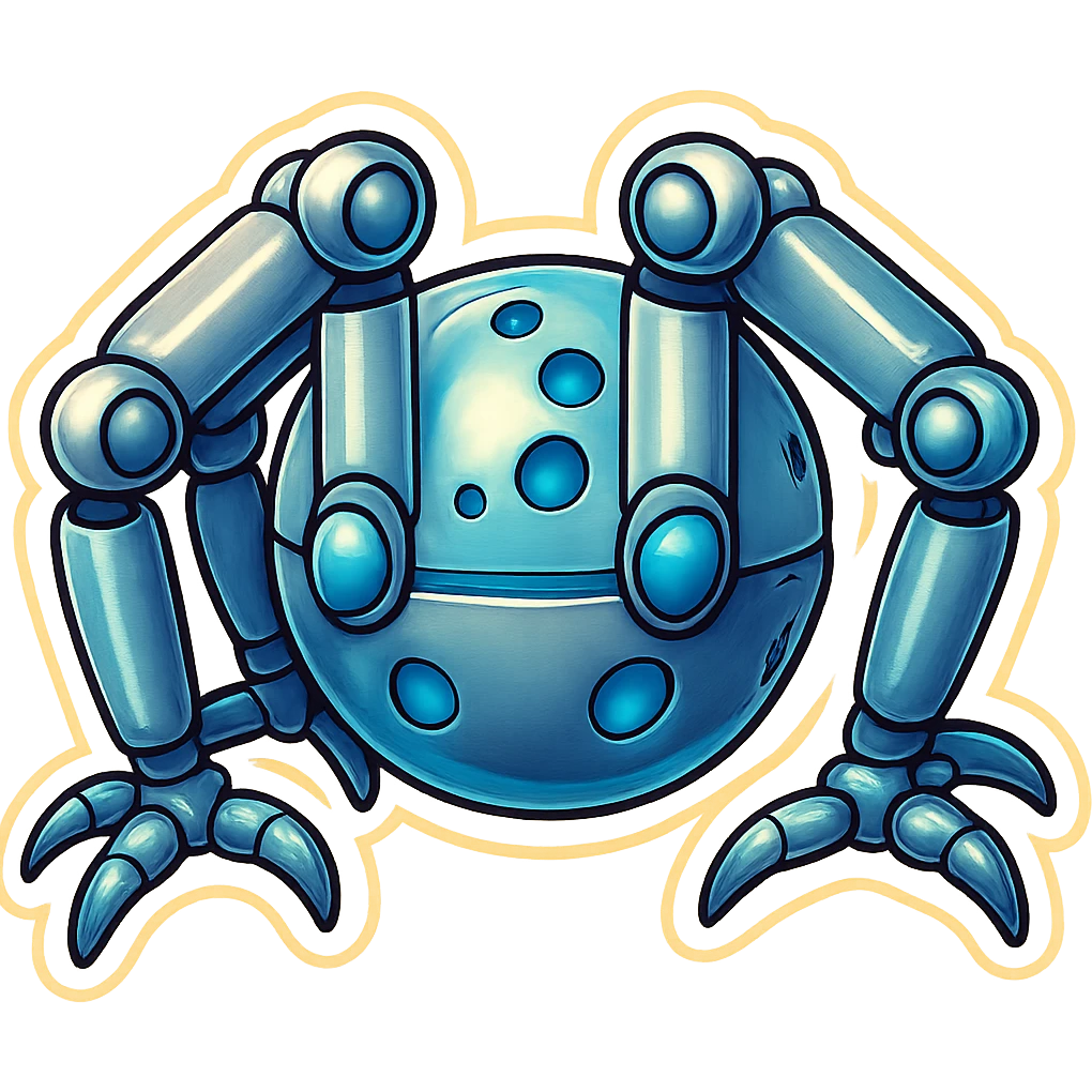 symmetrical 4 legged robot. center sphere with 4 evenly spaced legs. 1 leg extends from each side at sphere's equator emoji