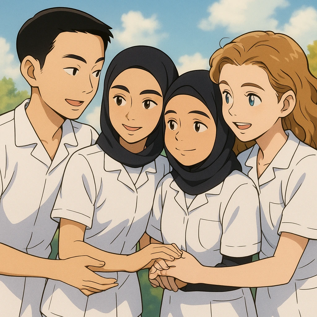 Four nursing students inspired by the faces in the reference photos, wearing white short-sleeve uniforms, arms and hands well drawn, no stethoscope, helping each other, in friendly ambiance, bright background. Precise and natural hands. emoji