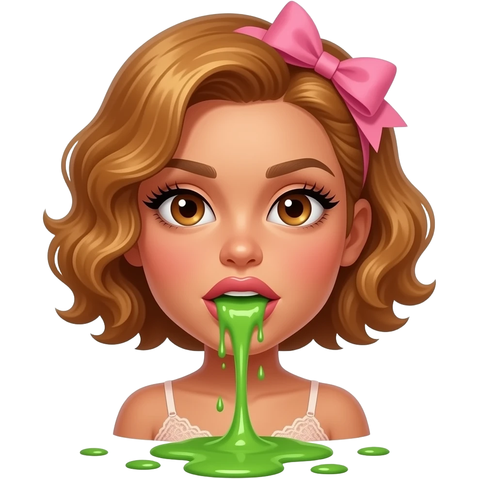 glamours,-tanned,-very-beautiful-woman-with-big-plump-rose-beige-lips,-long-lashes,-honey-silky-very short- hair,-wavy-hair,-with pink bow in hair -hazel-eyes-wearing-nude-lace-lingerie-nude-stilettos,-vommiting-green-puke emoji