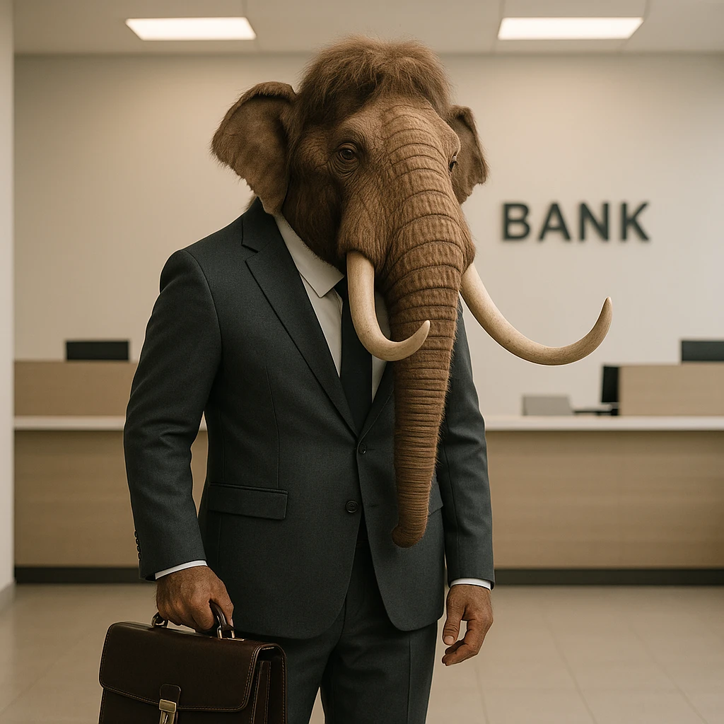 mamut elegante con saco y portafolio, ambiente de banco, fondo minimalista emoji