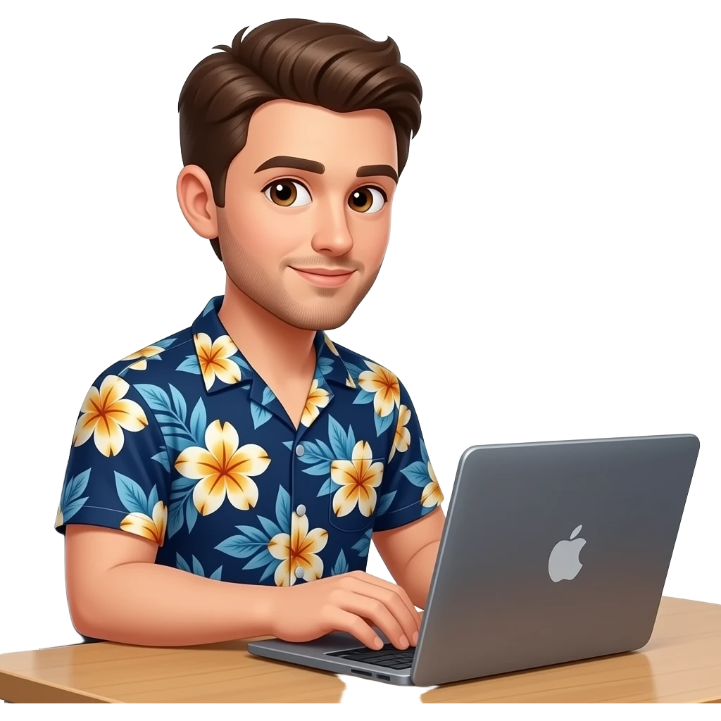 Cute pale skinned guy wearing Hawaiian shirt with brown hair and brown eyes and light facial hair with hair parted to the right side at computer emoji