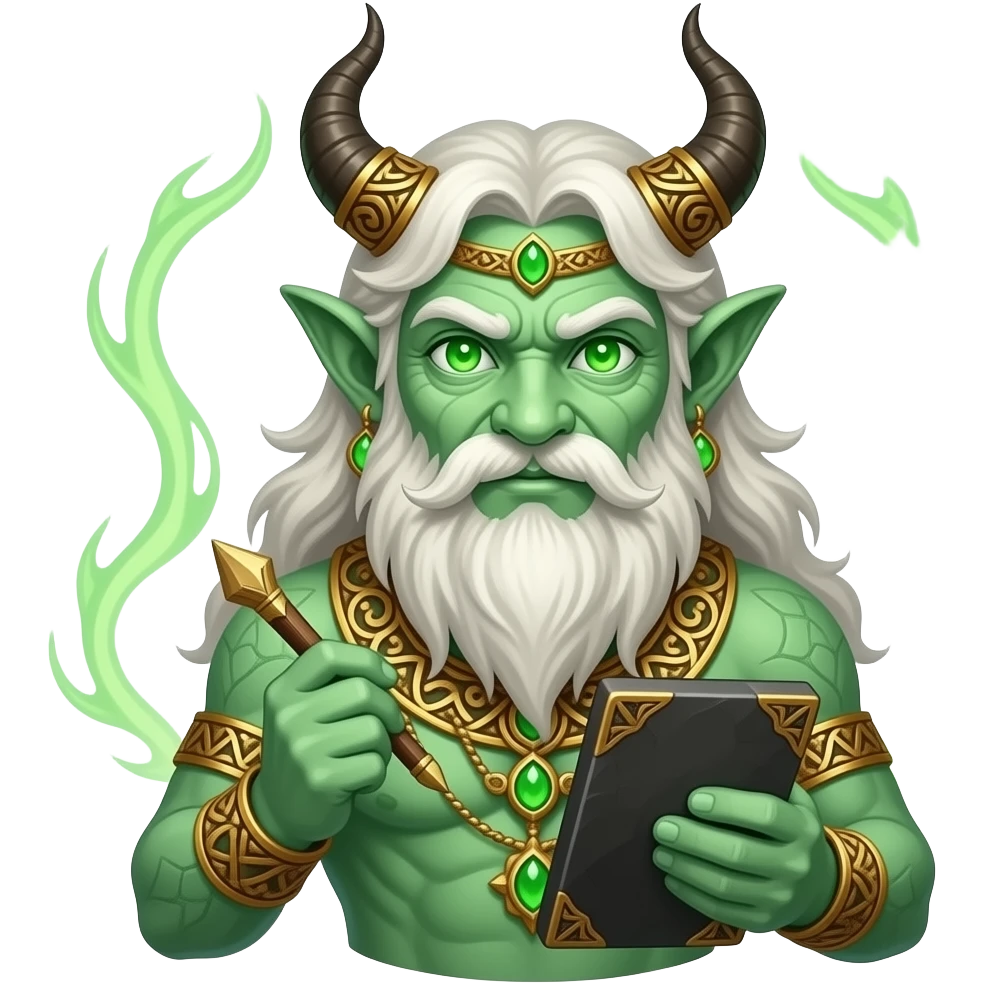 Phiphek, the seer demon with light green skin, glowing eyes of prophecy, holding an ancient slate and stylus, wise expression, intricate ornaments, mystical energy surrounding. emoji