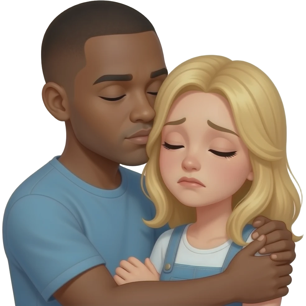 Black man with shaved head hugging & kidsing his sad blonde girlfriend emoji
