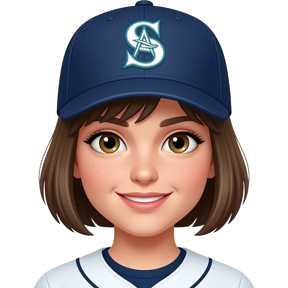 white girl, short hair, seattle mariners baseball cap emoji