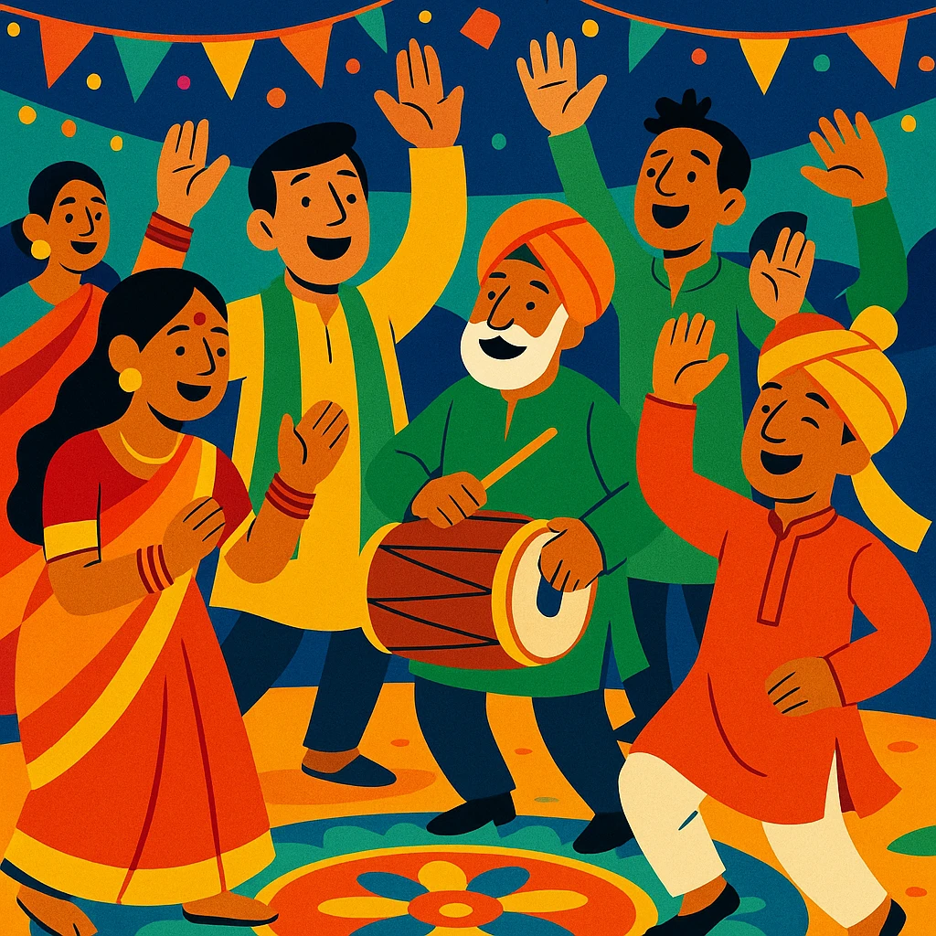 a group of Indian people celebrating a festival, joyful, bright colors emoji