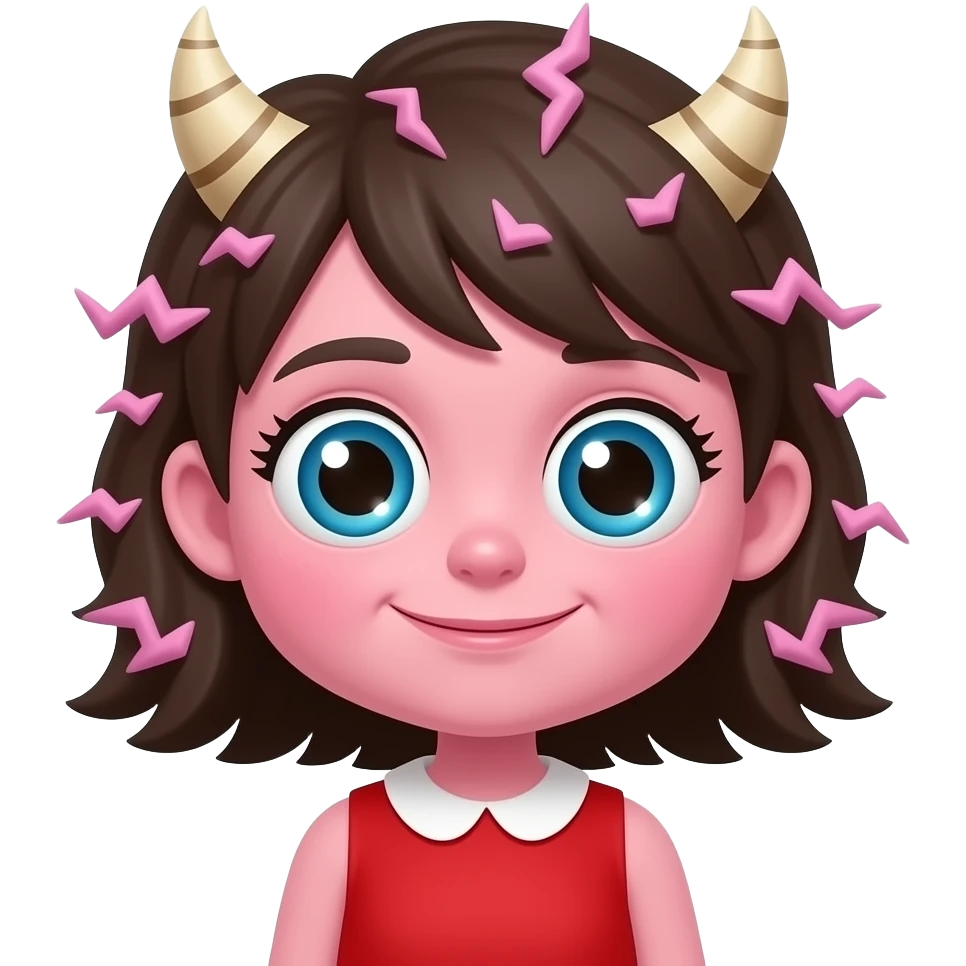 Crea un bambino mostro con gli occhi a spirale con i capelli a zigzag con vestito rosso e faccia di colore rosa emoji