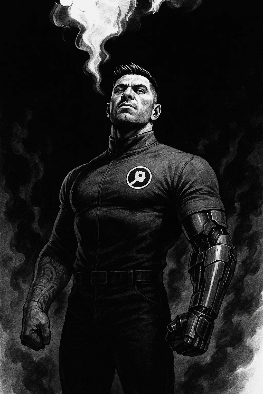 Cinematic Black and white comic book panel of an extremely muscular Italian man with cybernetic implants standing in the dark, surrounded by smoke. He is wearing a long-sleeved shirt with a high collar, and his chest is sculpted. emoji