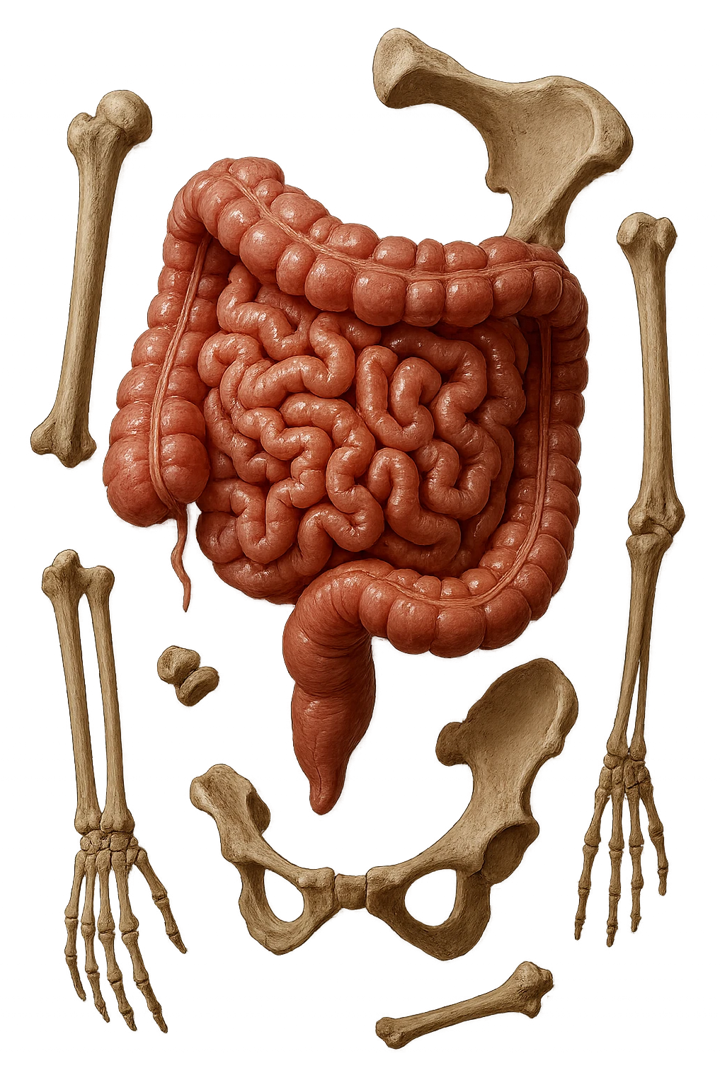 intestino umano anatomico e ossa umano anatomico fluttuano in aria, iperrealistico 4k emoji