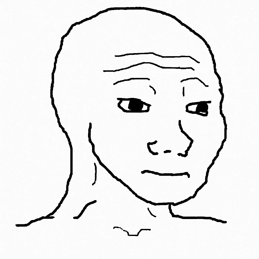 classic Wojak meme face, simple black and white line art, neutral expression emoji