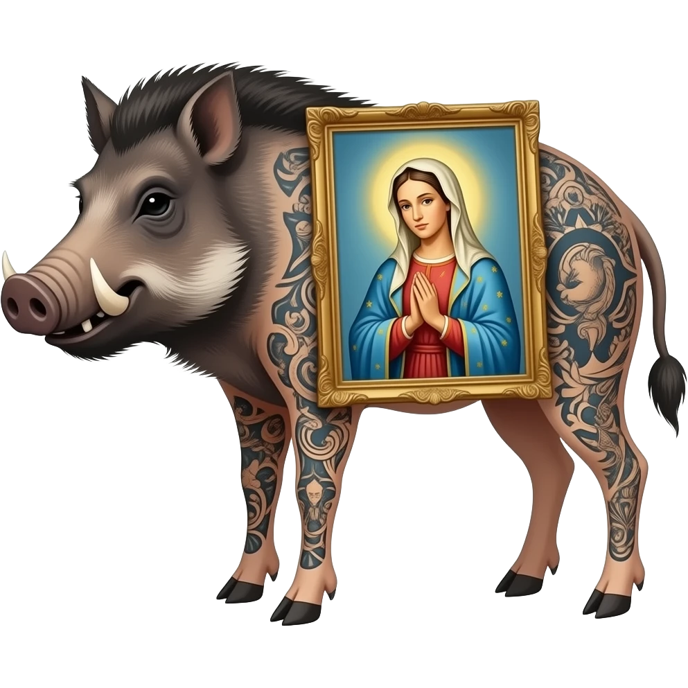 cinematic surrealistic - a tattooed boar with very thin long legs from a painting by Salvador Dali carries the ethereal body of artist Madonna on its back emoji