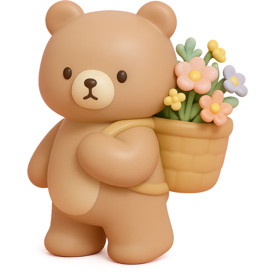 bear carrying a basket of wildflowers, soft pastel brown and cream, vinyl figure style emoji