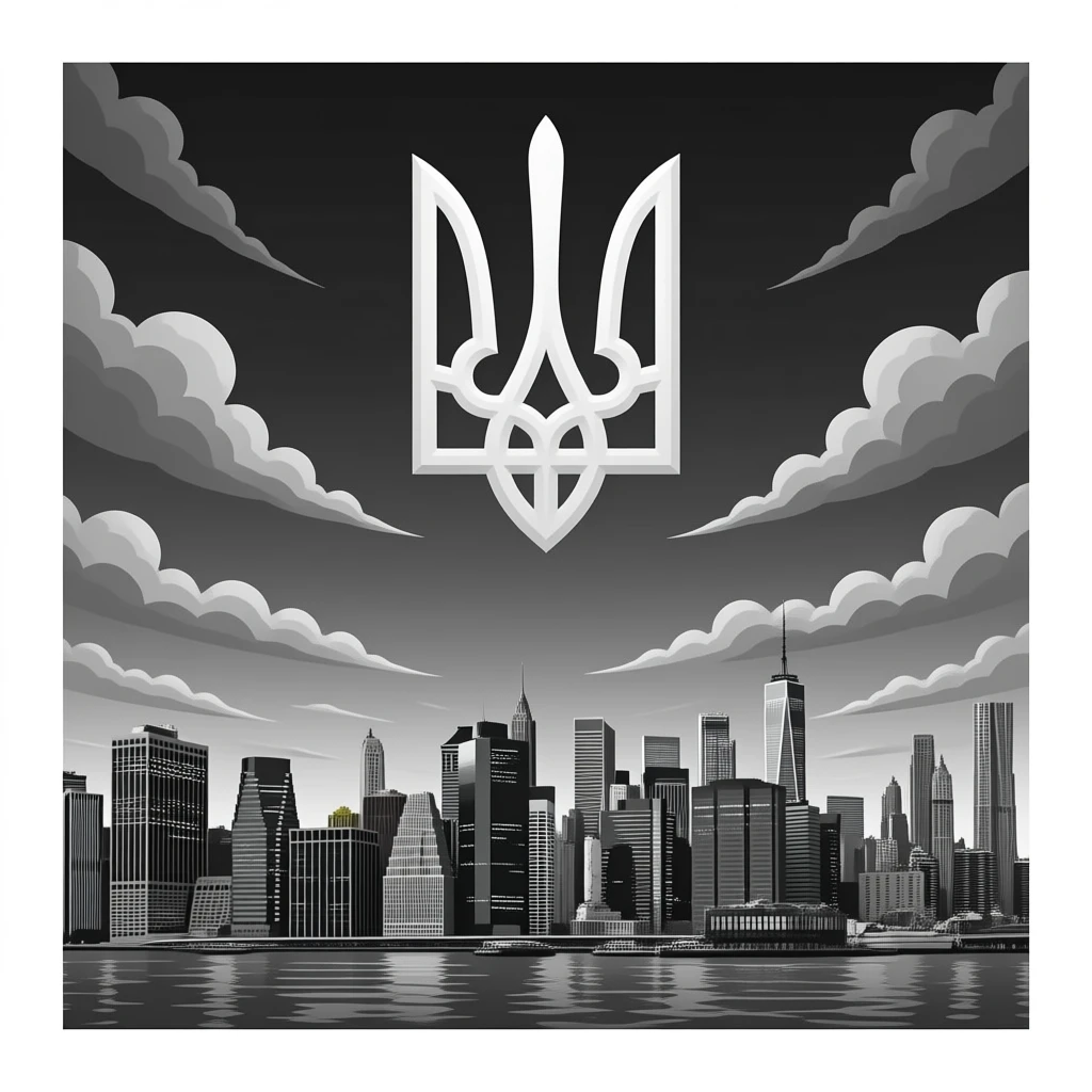 Monochrome ukrainian trident in the sky above New York at night emoji