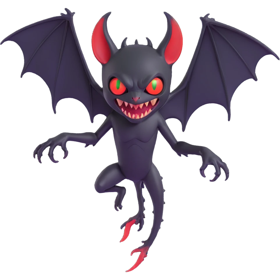 an all black reptilian bat-like creature. One cyclopian red eye in its face. no visible mouth or ears. 2 hind legs with claws. has a long tale with a stinger that drips green poison. no ears. no horns. no arms. visible bone-like stinger at end of tail emoji