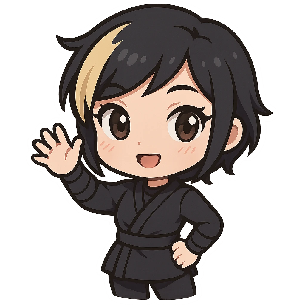 Chibi ninja girl with black short hair and a blonde streak, big head, small body and arms, not overly round or infant-like, cute and playful, anime-style face with large expressive eyes, small nose and mouth, subtle blush, hand fully raised, waving to the left, smiling, pastel colors, soft shading, clean outlines, no mask, transparent background, face looks sexy with slightly parted lips, confident gaze, longer lashes, subtle contouring. emoji