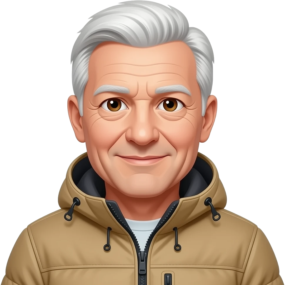90 year old man with white short hair and dark brown eyes tan ski emoji