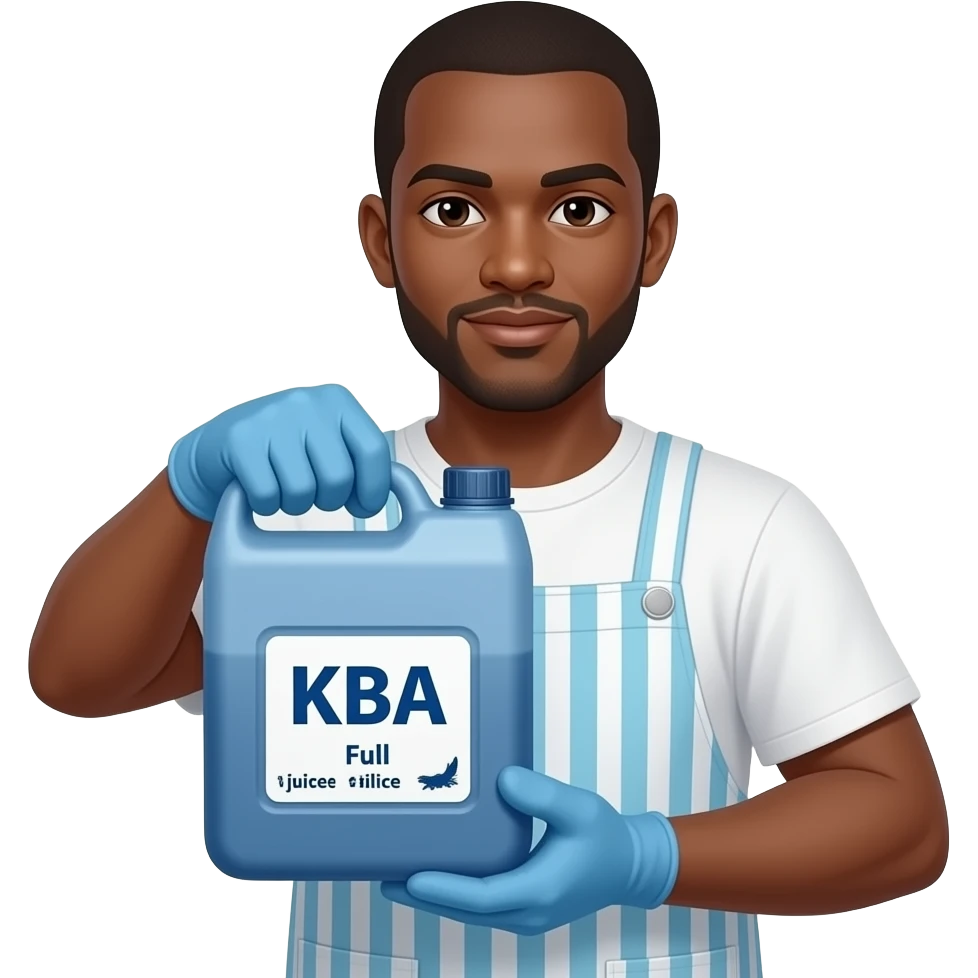 Afriacn Bile juice collector worker with blue jerrican labed KBA full off bovine bile juice with blue and white gloves emoji