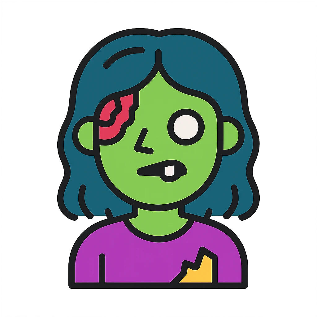 menino zumbi com cabelo comprido, ícone, estilo colorido, contornos pretos, detalhes mínimos emoji