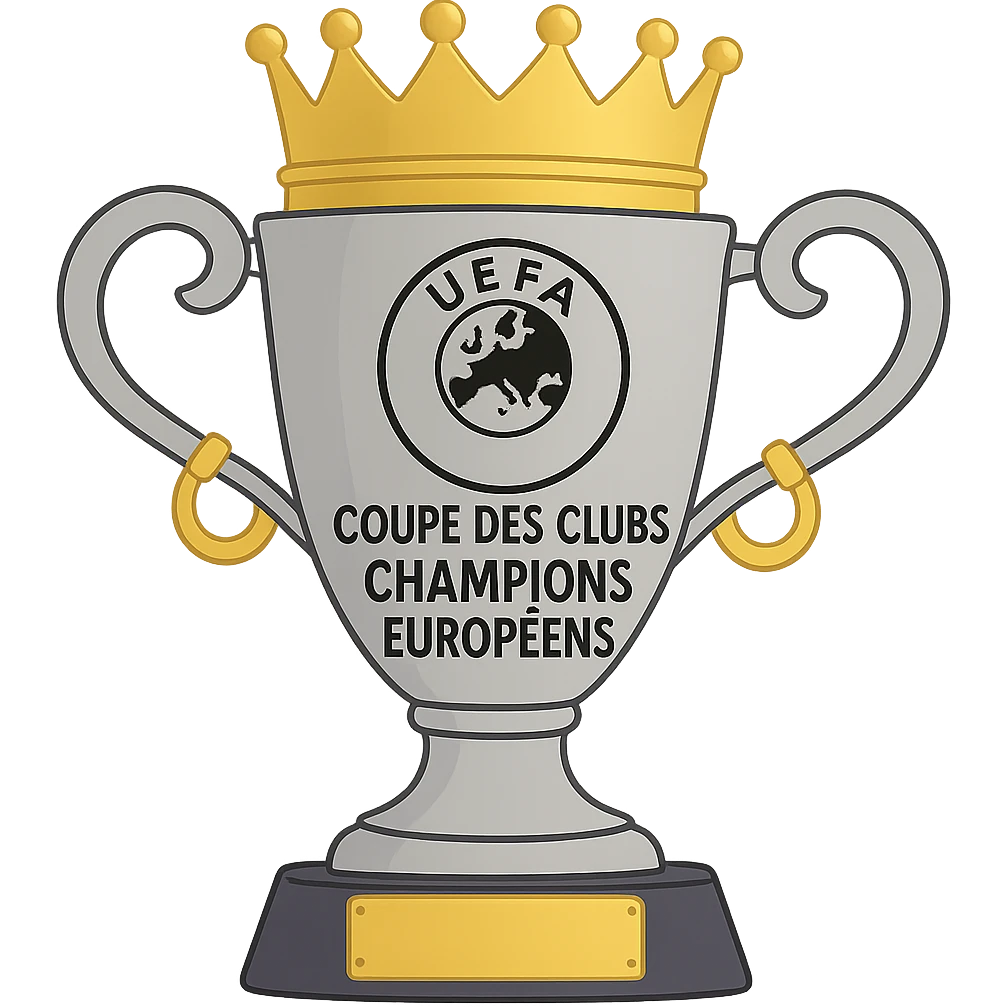Add the UEFA logo and the text 'COUPE DES CLUBS CHAMPIONS EUROPÉENS' to the trophy, keeping the style simplified and cartoon-like. emoji