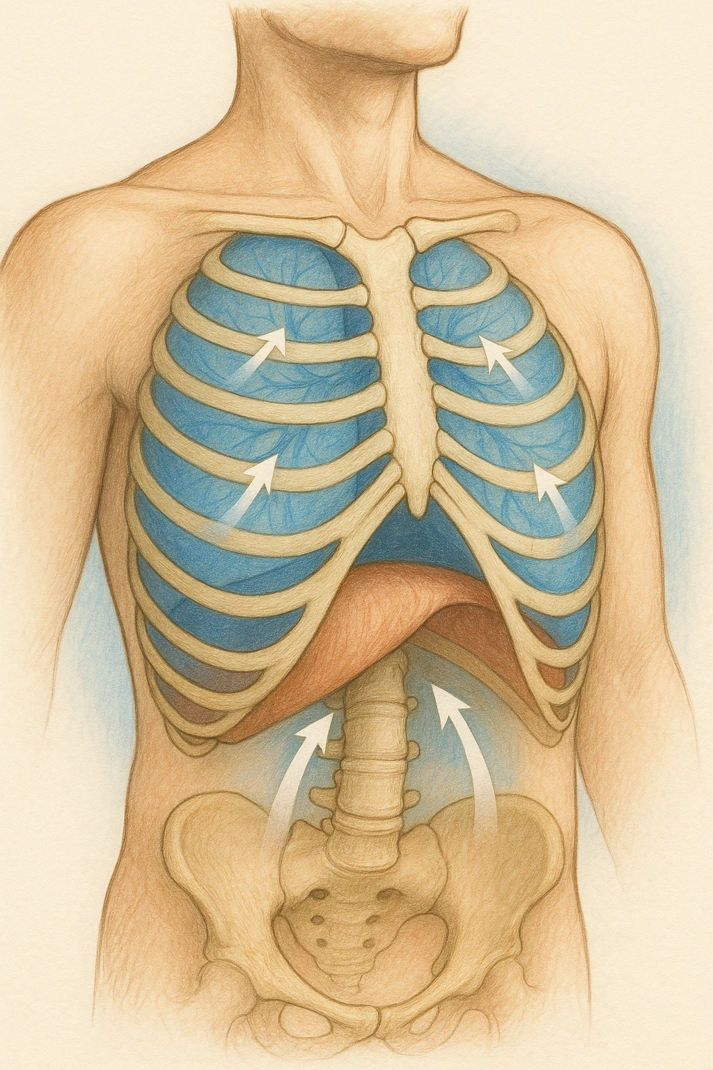 A realistic, high-quality anatomical illustration showing a human torso with visible rib cage and diaphragm. The ribs are shown in a decompressed, expanded state, allowing full lung expansion, while the diaphragm is depicted as relaxed and lowered, indicating deep, efficient breathing. Soft blue and warm tones highlight airflow and lung capacity, with light arrows illustrating the air movement during diaphragmatic breathing. The image conveys a sense of calm, openness, and optimal breathing mechanics, useful for physiotherapy, breathing education, and osteopathic learning contexts realistica emoji