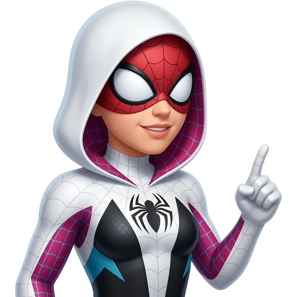 full standing spider gwen in proper  spiderman suit with mask AND SPEAKING ( right side angle) emoji