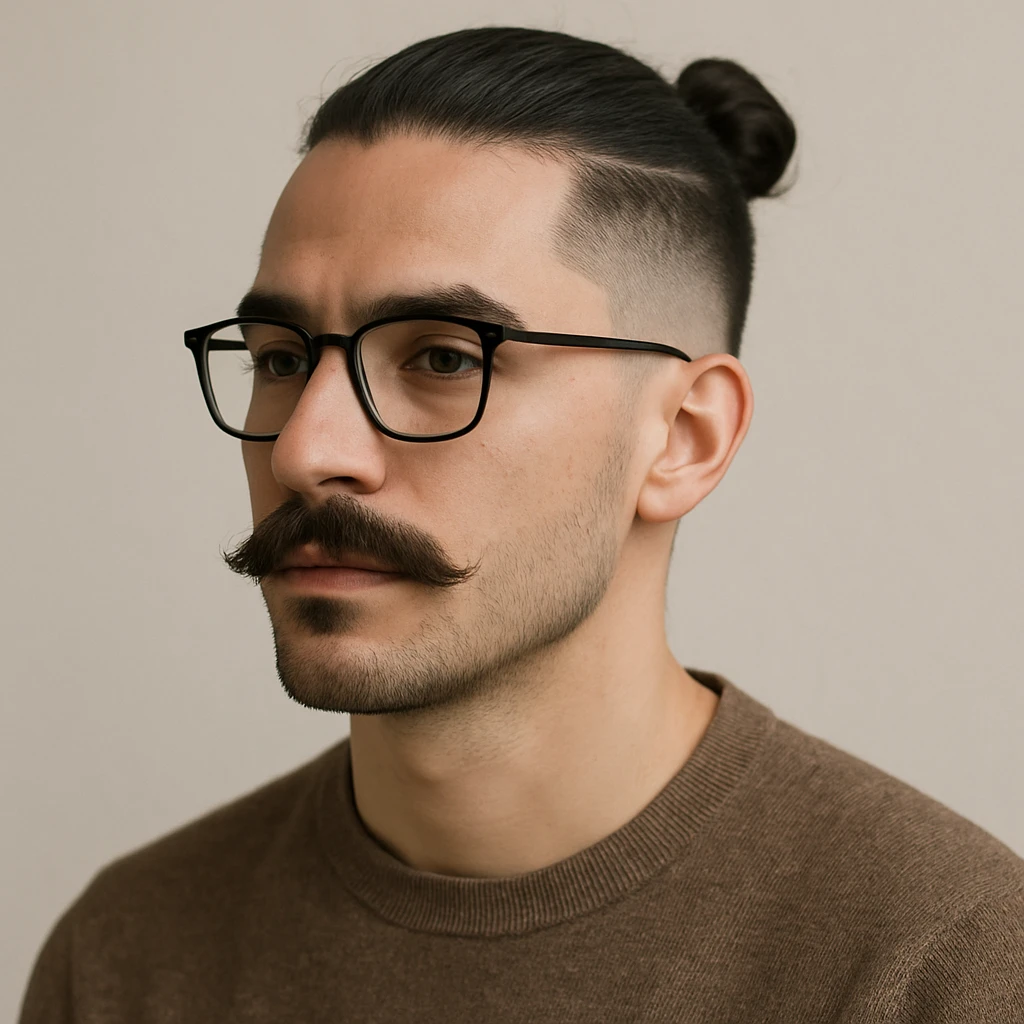 guy with a moustache and a man bun, low taper fade haircut, wearing glasses, neutral background emoji