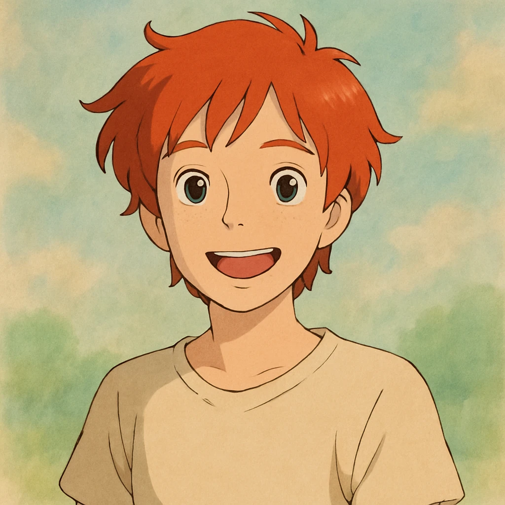 ghibli style portrait of an 18 year old young person with red hair, cheerful expression, simple clothing, soft background emoji