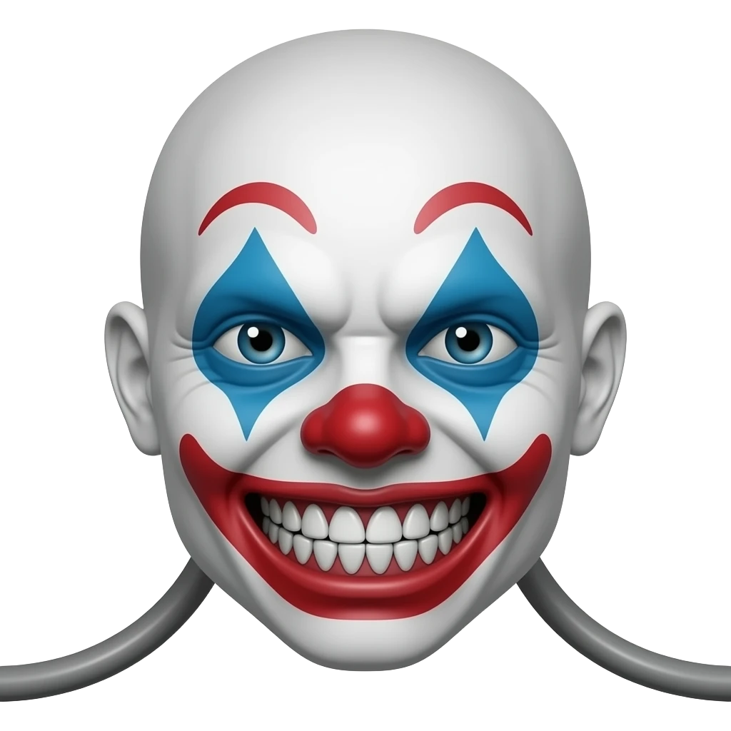 Grey wires with a bald animatronic clown face and no lips with sharp teeth emoji