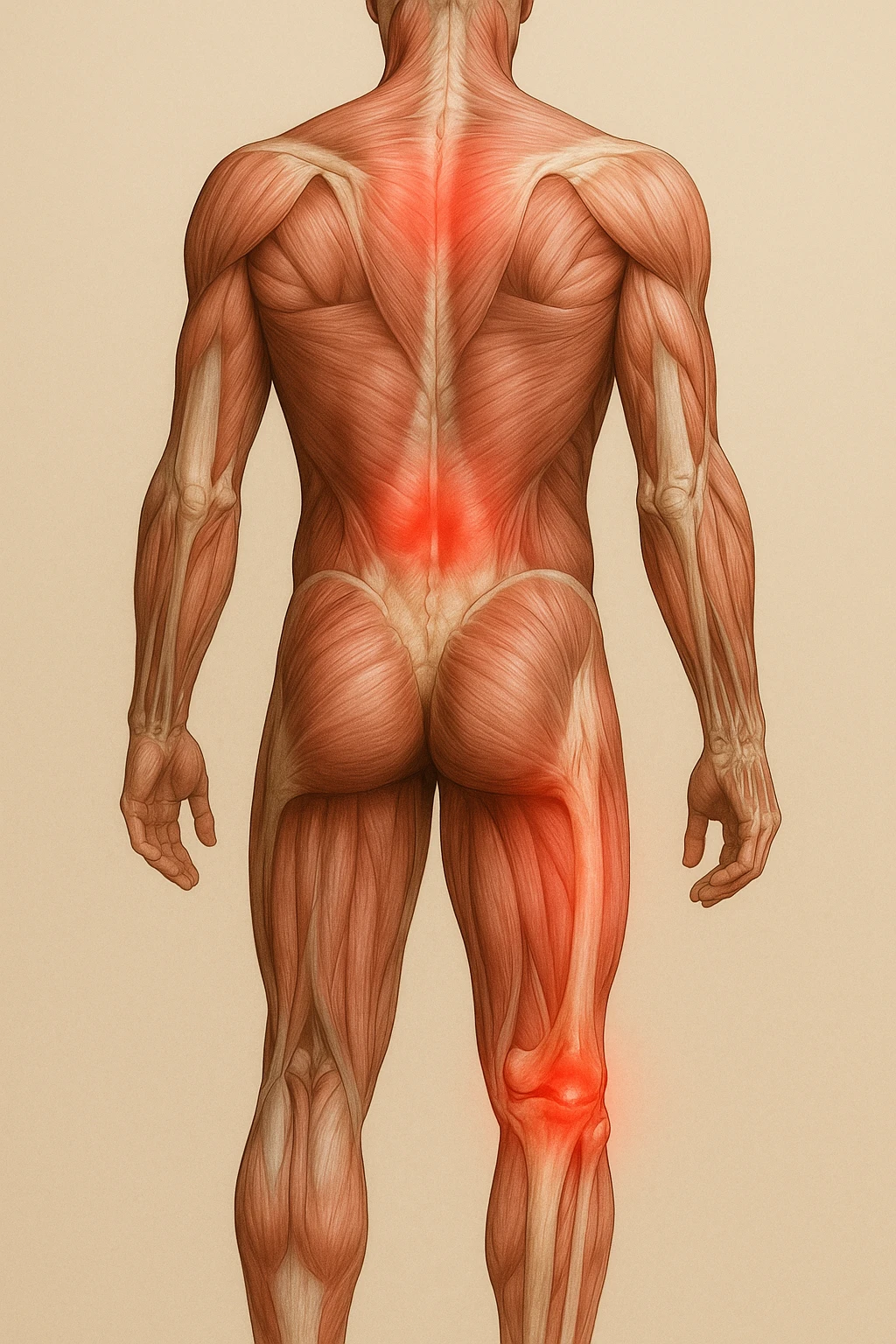corpo umano anatomico con mal di schiena e al ginocchio, iperrealistico 4k emoji