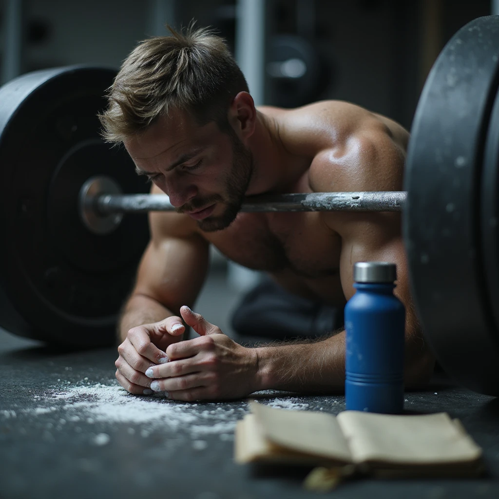 athletic 30-year-old man, tired but focused, doing heavy deadlift in gym, hands with chalk, training diary nearby, dark circles and redness on joints, water bottle, magnesium, belt on floor, blurred gym background, cold lighting, cinematic realism style emoji