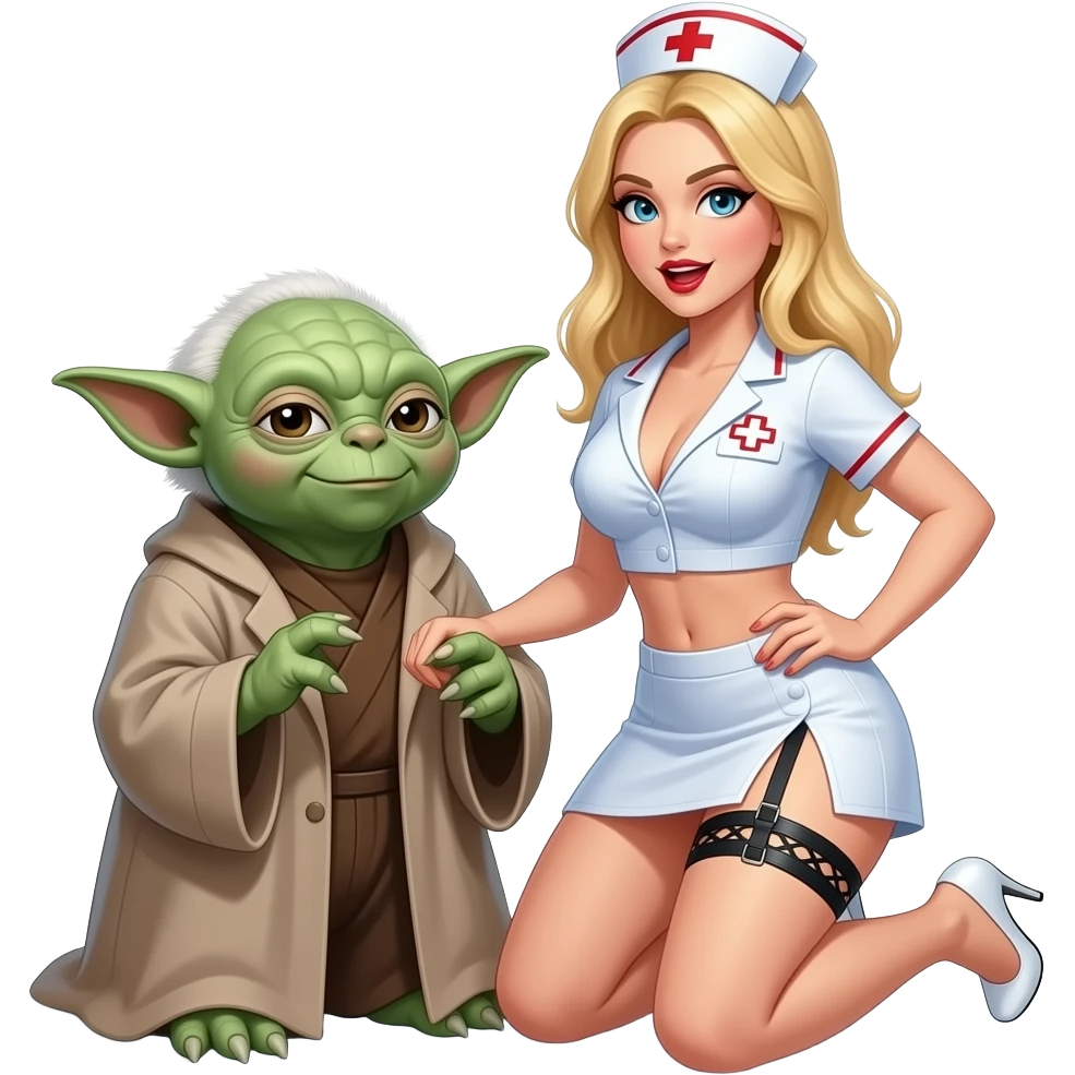 Yoda and a blond female apprentice in high heels , top button open, ,garter belt  open mouth very very short skirt ,with large breasts kneeling wearing a nurse outfitkneeling emoji